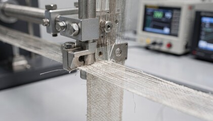 Closeup of a fabric tensile tester applying pressure to measure material strength in a controlled laboratory environment with precise digital instruments.