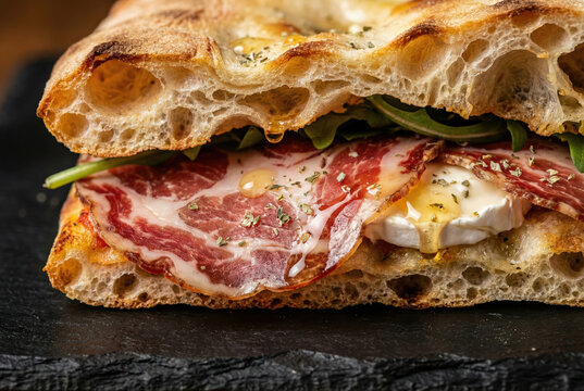 Close-up of gourmet sandwich with capocollo, goat cheese, arugula, and honey on artisan bread