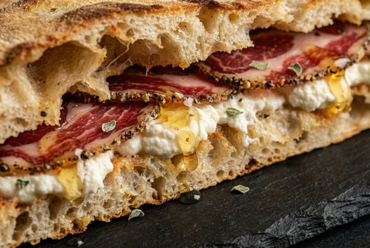 Italian sandwich with peppered capocollo, ricotta, honey and herbs on rustic focaccia