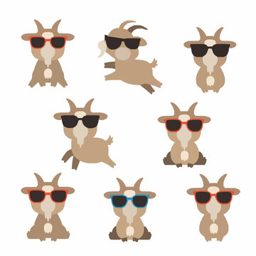 Cute funny goats with sunglasses vector illustration set isolated on white