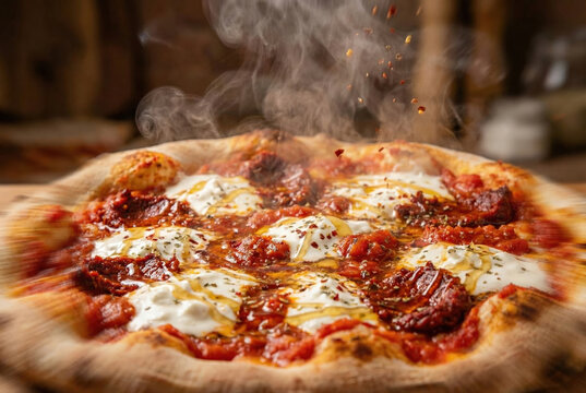 Hot Italian pizza with burrata, spicy tomato sauce, and chili flakes fresh from the oven