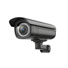 Modern security camera in sleek black design with infrared night vision and wall mount for surveillance systems isolated on transparent background