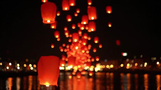 Red sky lanterns floating into the night sky over water with city lights reflection during festival