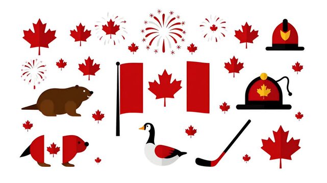 Canadian Flag Waving with Maple Leaves and Fireworks Footage
