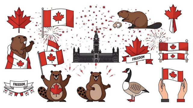 Canadian Symbols Maple Leaf Beaver Flag Celebration Fireworks Motion Graphics