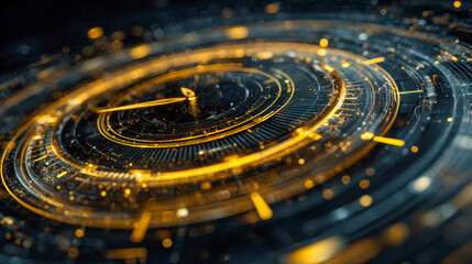 Futuristic glowing circular interface with intricate golden technology and dynamic digital elements representing innovation in advanced data visualization and contro