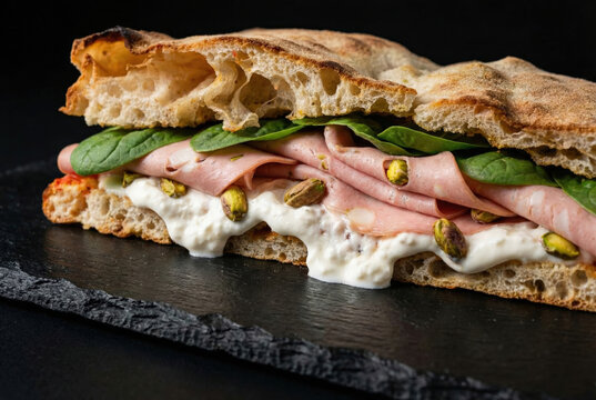Gourmet mortadella sandwich with pistachios and burrata on rustic flatbread