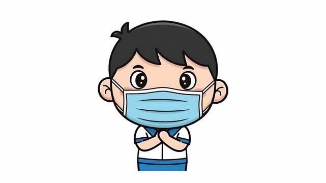 Cartoon Boy Wearing Medical Face Mask Waving Hand White Background