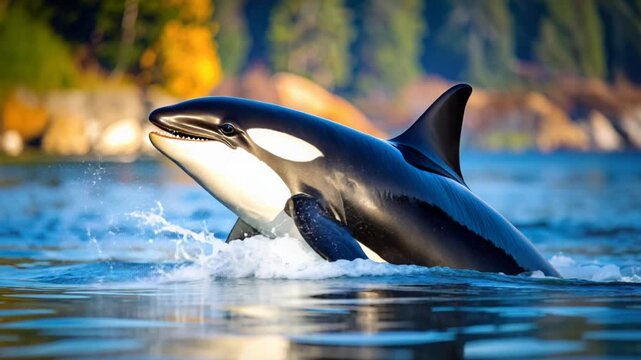 Orca whale breaching in blue ocean water, close-up, with coastal forest background