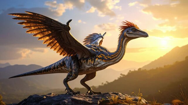 Prehistoric feathered dinosaur with wings spread on a rocky outcrop at sunset.