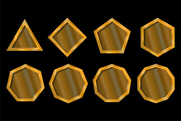 Premium golden geometric shapes vector illustration with metallic polygon frames, luxury border icons for game UI and web design elements, isolated flat design assets on black background for awards.