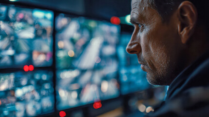 Focused security professional monitoring multiple surveillance screens in a control room to ensure safety and prevent potential threats during nighttime operations