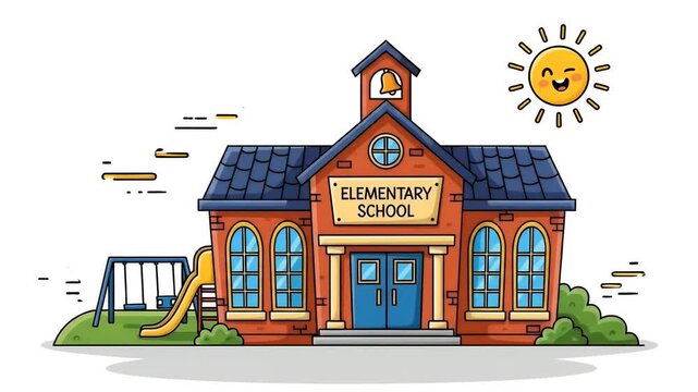 Cartoon Elementary School Building With Playground And Smiling Sun Animation Footage