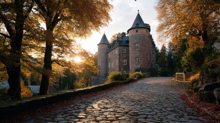 Cobblestone path leading to a stone castle during golden hour with autumn trees. Historic european architecture for travel brochure.