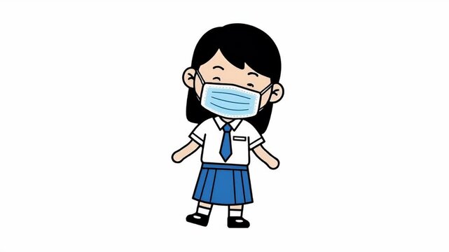 Cartoon Girl In School Uniform Wearing Face Mask White Background Footage