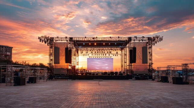 Empty outdoor concert stage with large LED screen at sunset. Music festival event preparation with bright sky backdrop and dramatic atmosphere.
