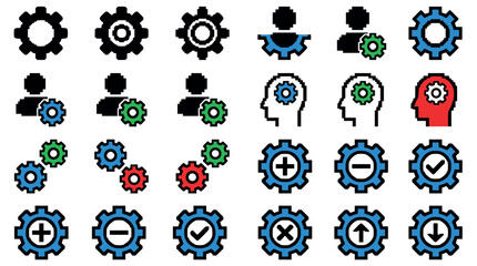 Collection of colorful pixel art icons featuring gears, user profiles, and human heads with cogwheels representing settings, configuration, and system preferences