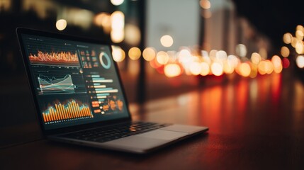 Laptop displaying financial charts and graphs at night. Data analysis and business intelligence concept for modern finance technology.