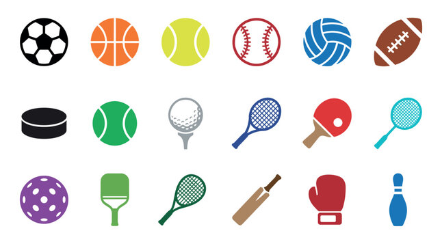 Colorful flat vector icons of sports equipment arranged in a grid, featuring a soccer ball, basketball, baseball, football, tennis racket, boxing glove, and bowling pin