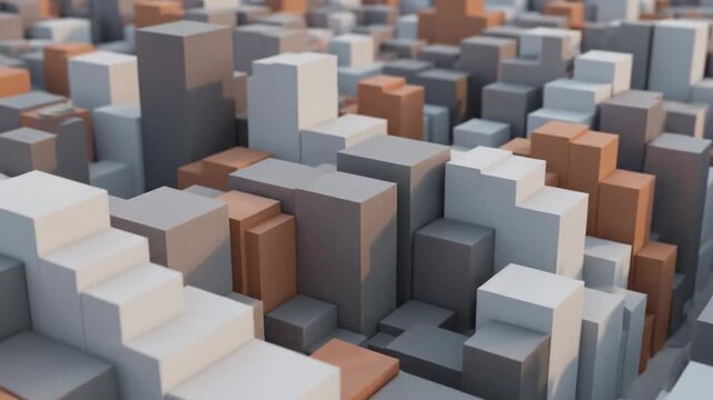 A captivating 3D animation featuring an abstract landscape of geometric blocks moving dynamically. Perfect for technology, business, or urban-themed projects.