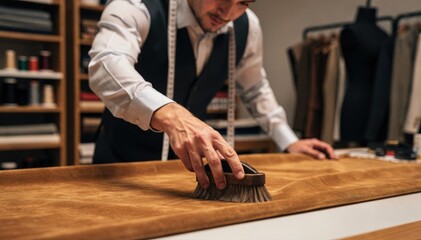 Detailed medium shot of a tailor brushing sueded finishing onto fashion fabric creating a velvety matte touch that adds sophistication and warmth to garments.