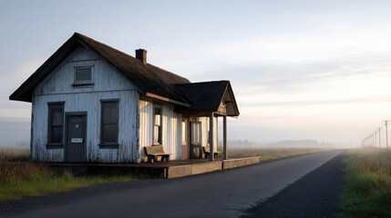 Scenic view of a rural train station building with peeling paint and a quiet atmosphere set against a serene landscape at dawn