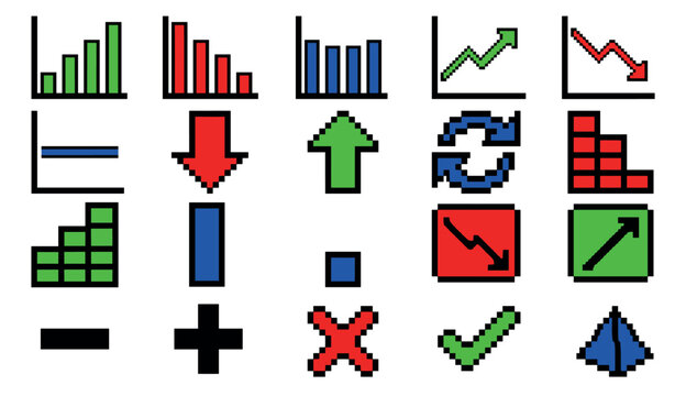 Collection of colorful pixel art icons representing business charts, data graphs, arrows, and user interface elements in a retro 8-bit video game style for financial visualization
