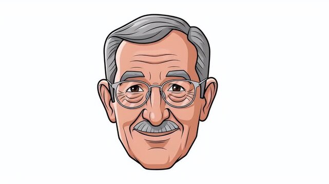 Cartoon Portrait Of A Smiling Older Man With Glasses And Mustache White Background