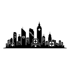 Naklejka premium Modern cityscape with medical cross symbols on buildings