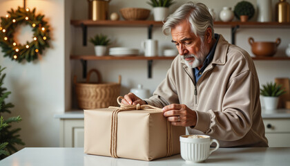 Elderly man unwrapping gift package while sitting at kitchen table  