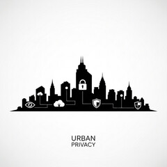 Obraz premium Urban cityscape with security symbols and privacy concept