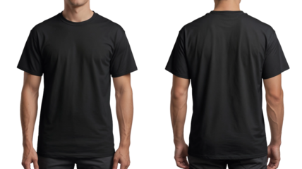 A man wearing a black t-shirt with half sleeves on the front and back sides isolated on transparent background