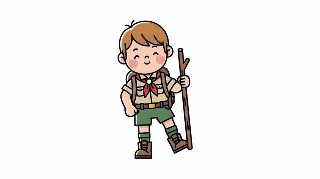 Cartoon Scout Boy Waving Hello With Backpack and Stick Footage