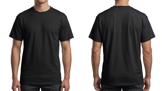 A man wearing a black t-shirt with half sleeves on the front and back sides isolated on transparent background