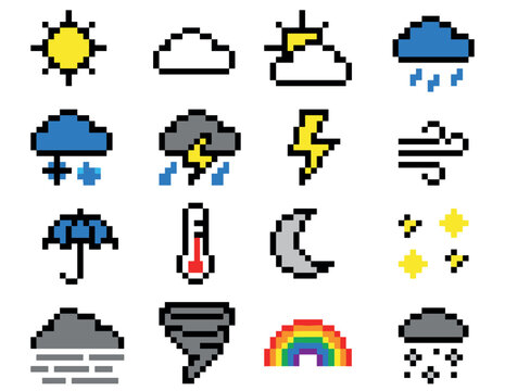 Set of pixel art weather icons showing various meteorological conditions like sun, rain, snow, and storm in a retro 8-bit video game style illustration collection