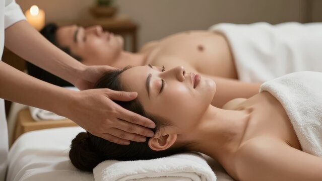 Couple Sharing Synchronized Head Massage Moment SideBySide, Therapists Coordinating Gentle Strokes, Towels Supporting Necks And Candlelit Ambiance For Intimate Wellness Experience Ideal