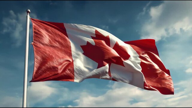 A lively Canada flag dancing in the wind, symbolizing statehood, energy, and national vitality.