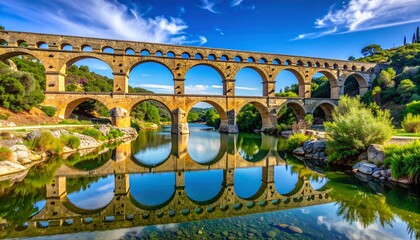 Majestic Ancient Roman Aqueduct Over River — Historic Architecture Landscape in Southern France