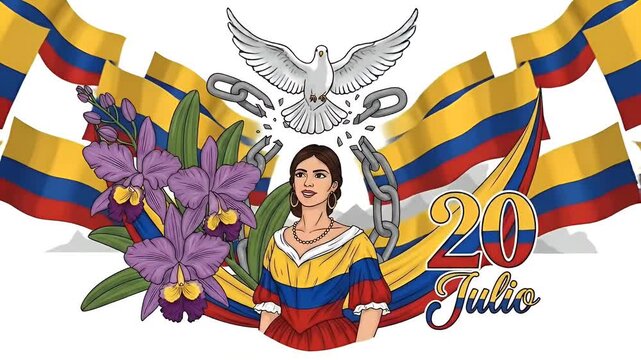 Colombian Independence Celebration Dove Flowers and Woman Patriotic Symbolism