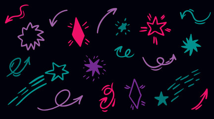 Neon Hand Drawn Doodle Stars and Arrows on Dark Background, Abstract Glow Decorative Elements for Night Design, Music Posters, Social Media
