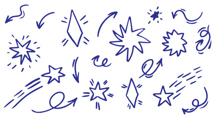 Hand Drawn Doodle Stars and Arrows Set, Minimal Line Art Decorative Elements, Abstract Sketch Symbols for Posters, Branding, Social Media Design