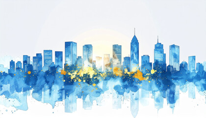 Obraz premium Hand-drawn watercolor cityscape, modern skyline with blue and gold tones, light background, artistic