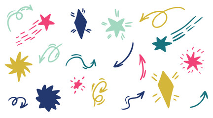Colorful Hand Drawn Doodle Shapes Set, Playful Abstract Stars and Arrows, Creative Decorative Elements for Kids Design, Stickers, Branding