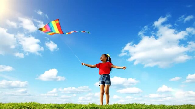 Happy little girl running with a colorful kite in a green field on a sunny day.