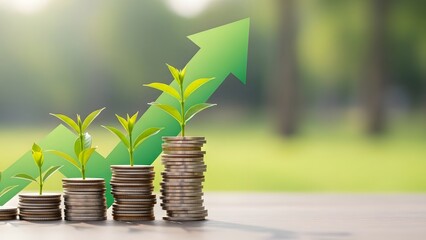 Business profit increase and financial success strategy. Economic recovery and wealth building. Growing stacks of coins with green sprouts and a rising arrow icon