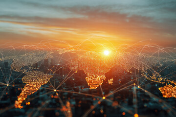Global digital network connections spreading across illuminated continents at sunset representing worldwide communication and data exchange links