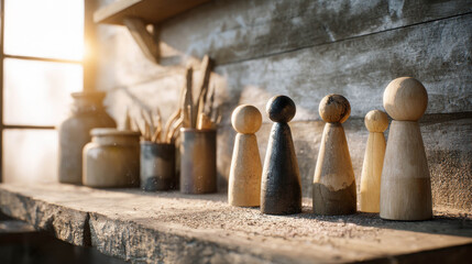 Fototapeta premium Wooden Puppet Shelf Display with Various Stages of Completion in a Calm Workshop Setting