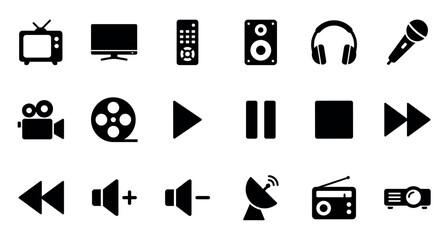 Collection of black media and entertainment icons representing television, cinema, music, and player controls in a simple flat graphic style