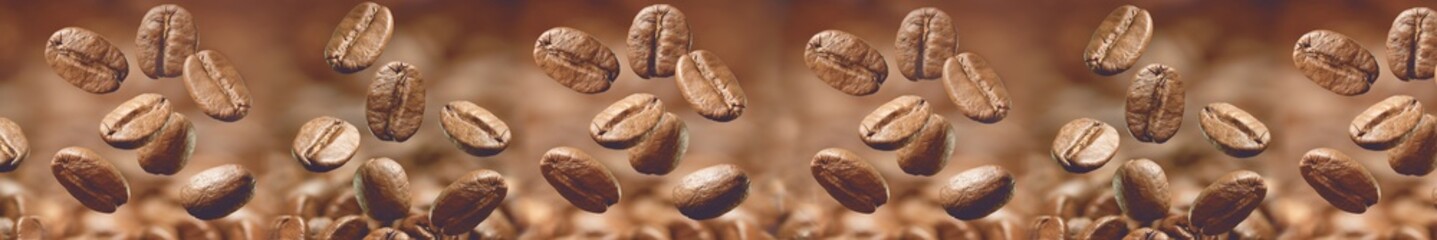 Falling roasted coffee beans panoramic banner on brown background