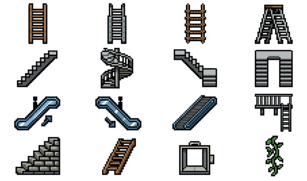 Pixel art collection of stairs and ladders icons for a retro video game, including spiral staircase, escalator, stepladder, and vine elements in an 8-bit graphic style